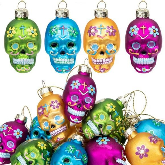 12 Pcs Day of the Dead Sugar Skull Glass Ornaments Halloween Tree Decorations - Picture 1 of 7